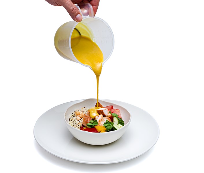 Yoghurt, salads, slices of fresh fruits